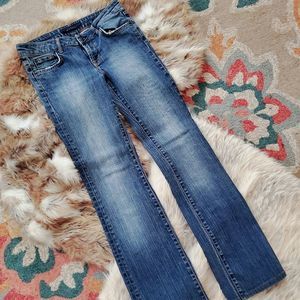 ZARA WOMAN "WOMAN JEANS" LEATHER LABEL DISTRESSED LOOK DENIM JEAN MADE IN TURKEY